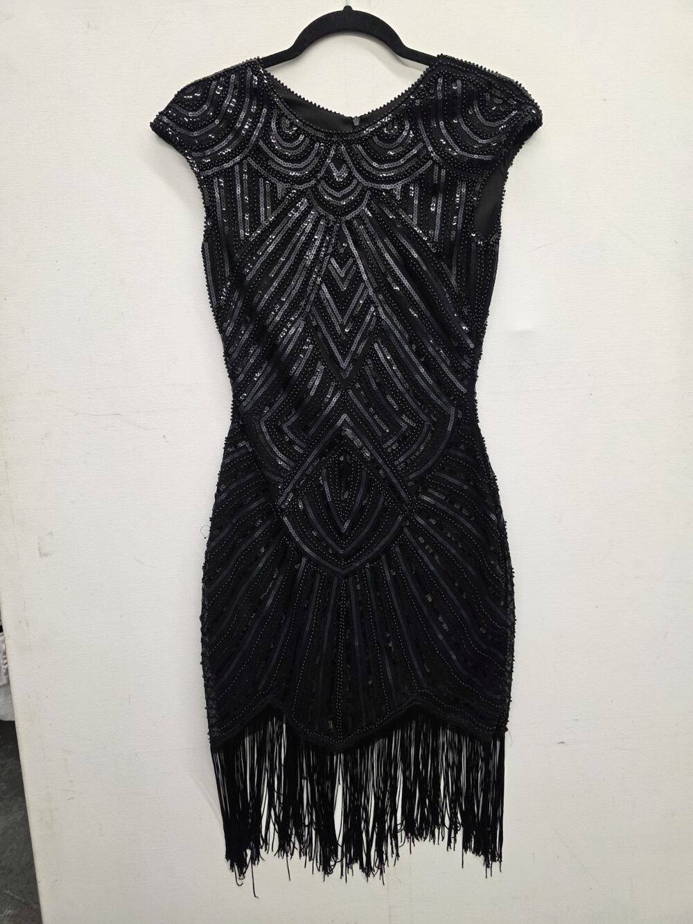 Black Sequin Dress XSmall Beaded Retro Fringe Flapper Gatsby Halloween Party NYE